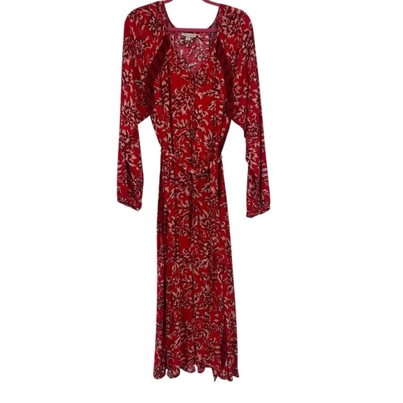 Knox Rose Size XL Red Floral Peasant Prairie Boho Maxi Dress V-Neck Belted - Picture 1 of 13